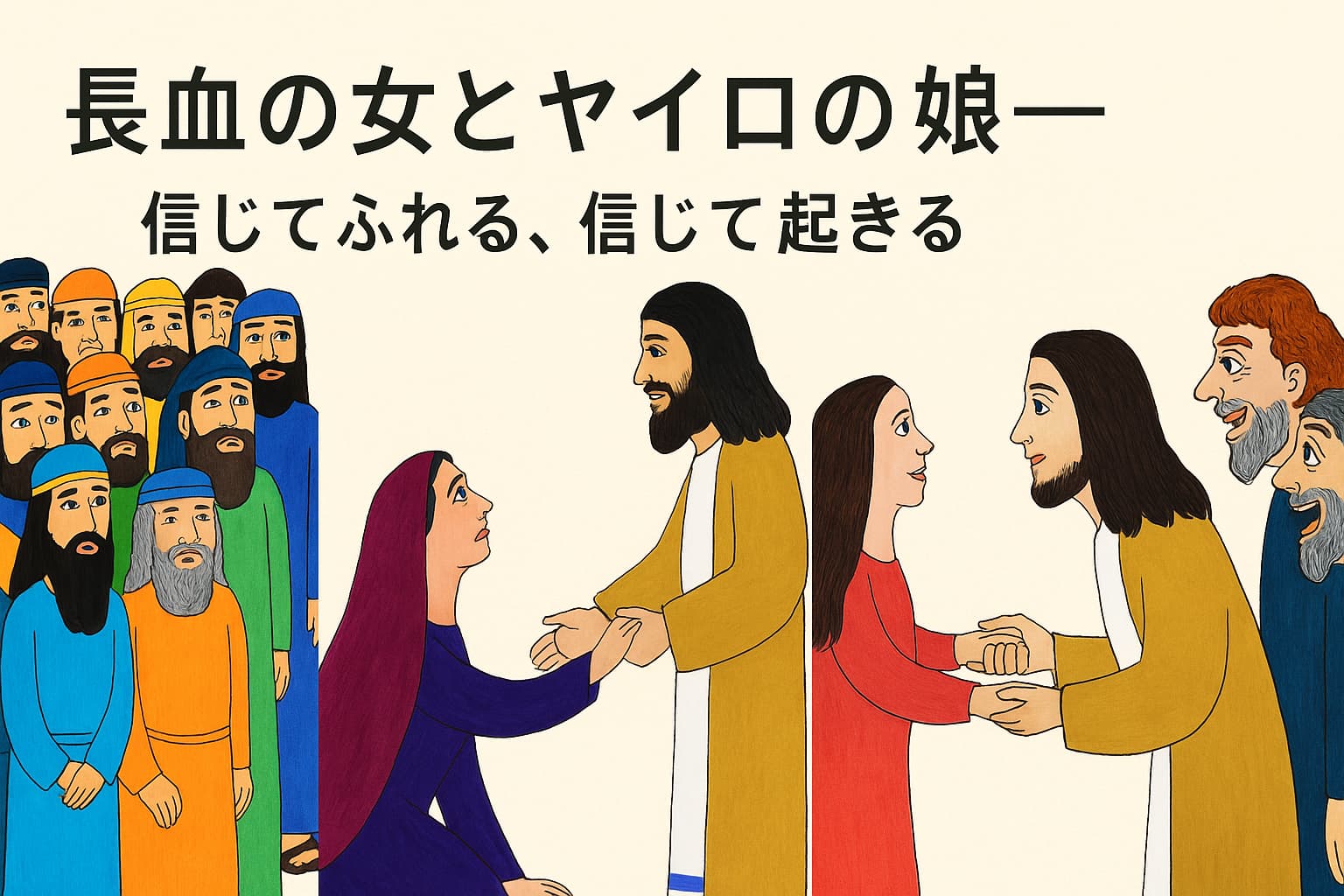 中央にイエスが立ち、左でひざまずく長血の女の手を取り、右ではヤイロの娘の手を取って語りかけている。群衆と家族が見守る中、「信じてふれる」「信じて起きる」を象徴する構図。