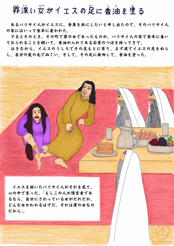 パリサイ人の家で食事をするイエスのもとに、紫の衣を着た女性がひざまずき、イエスの足に香油を注いでいる。イエスは穏やかに彼女を見つめ、食卓のパリサイ人たちは驚きや疑念の表情を浮かべている。
