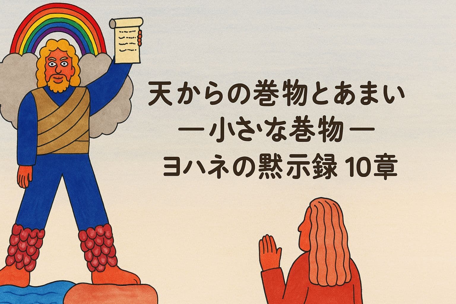 ヨハネの黙示録10章を描いたアイキャッチ画像。雲に包まれ、虹の冠をかぶった強い御使いが巻物を掲げ、海と地に立つ。前には巻物を受け取ろうとするヨハネの姿。中央に「天からの巻物とあまいことば―小さな巻物―ヨハネの黙示録10章」のテキスト。