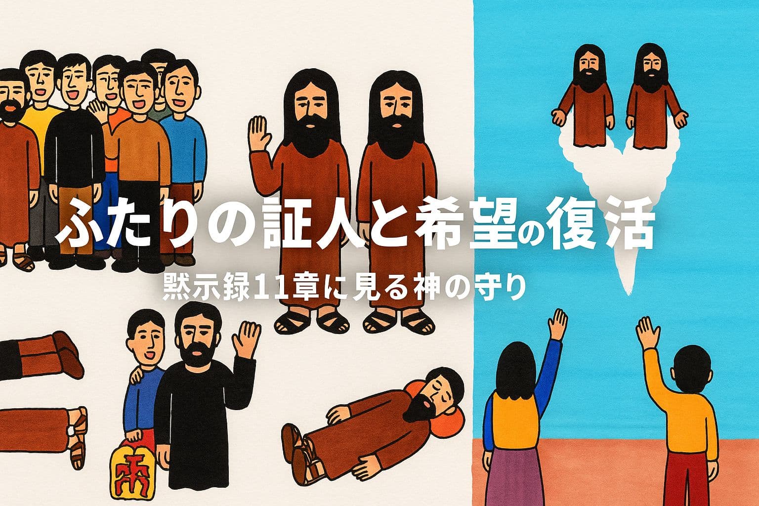 ふたりの証人を描いたアイキャッチ画像。左側には群衆に囲まれ預言するふたりの証人と倒れた遺体、右側にはよみがえって雲に昇るふたりの姿が描かれている。画像中央に「ふたりの証人と希望の復活──黙示録11章に見る神の守り」というテキストが配置されている。
