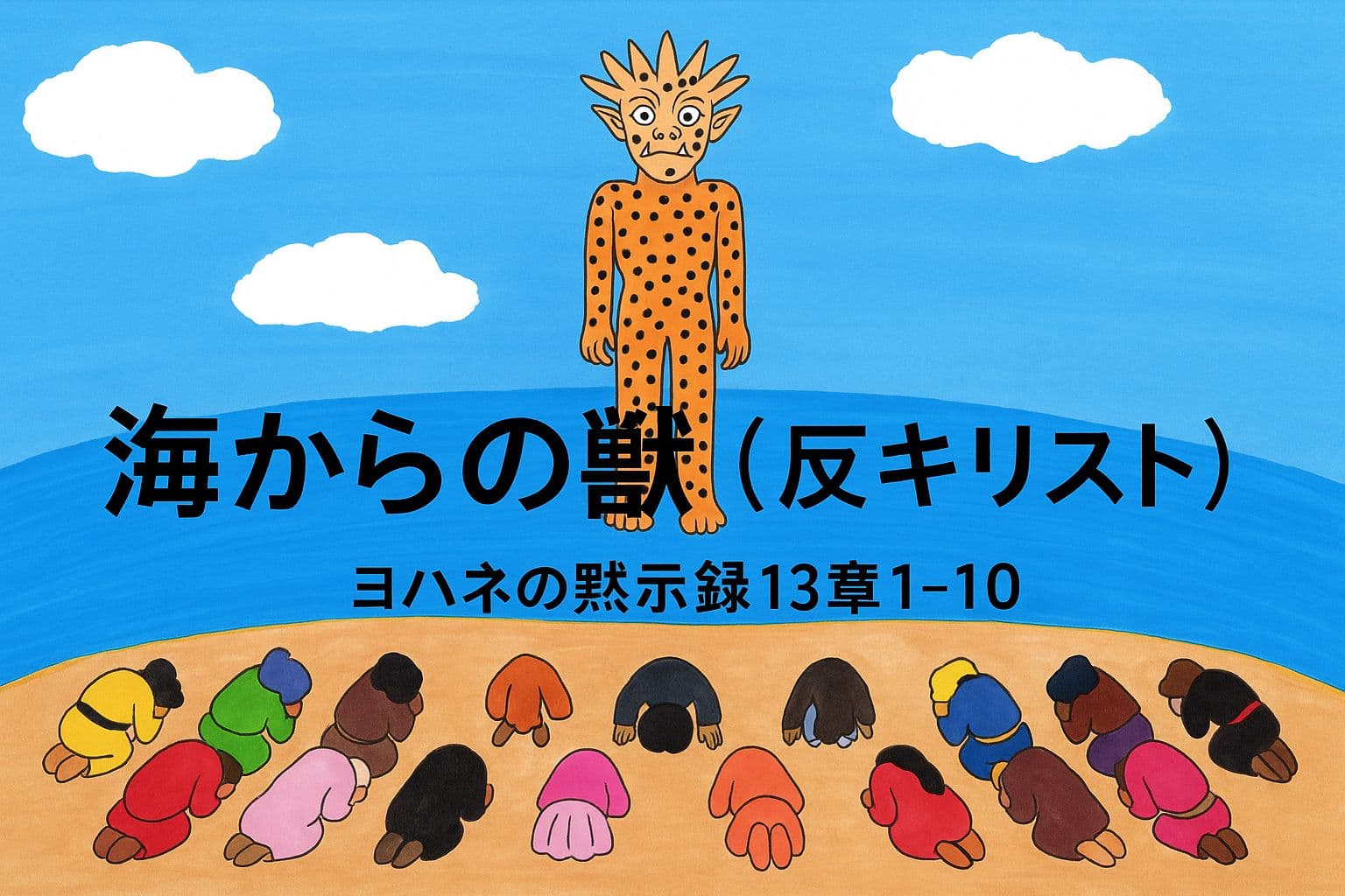 海辺に立つヒョウ模様の獣を人々がひれ伏して拝んでいる場面。獣は角と頭が複数あり、背後には青い海と空が広がっている。
