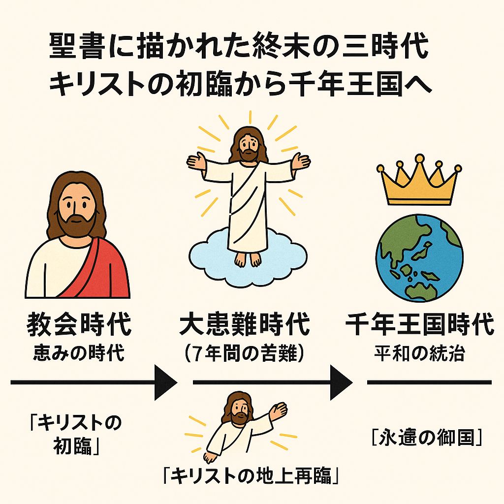 イエス・キリストの初臨から千年王国までの聖書における終末の三時代を示す図。教会時代、大患難時代、千年王国時代が、矢印とともに順を追ってイラストで描かれている。