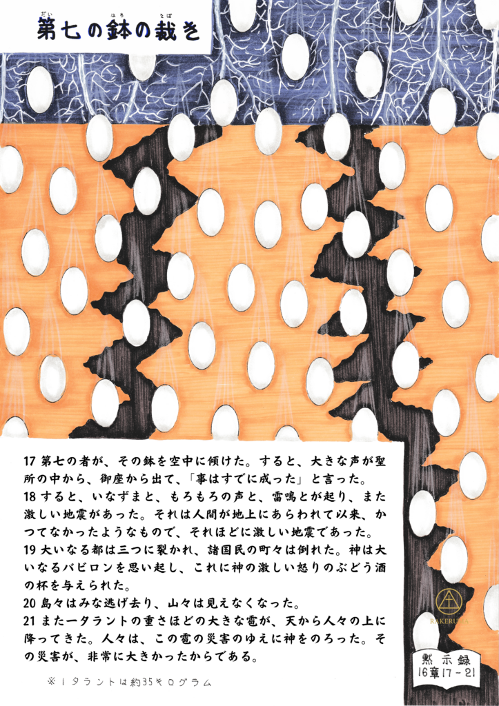 黙示録16:17–21に描かれた「第七の鉢の裁き」の象徴的なイラスト。天から地に向かっていなずまが降り、激しい地割れが走る地上が描かれている。神の怒りの最終的な現れとしての天変地異――空からの声、大地震、都市の崩壊、巨大な雹などが視覚的に表現されている。