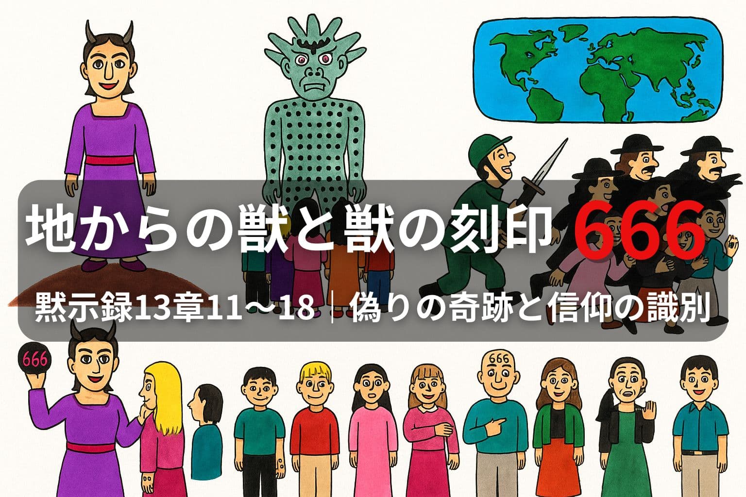 地からの獣（偽預言者）、獣の像、刻印「666」を受けた人々、迫害される群衆など、黙示録13章11〜18の場面を象徴的に描いた横長のイラスト。中央に「地からの獣と獣の刻印666」と白いタイトル文字が重ねられている。