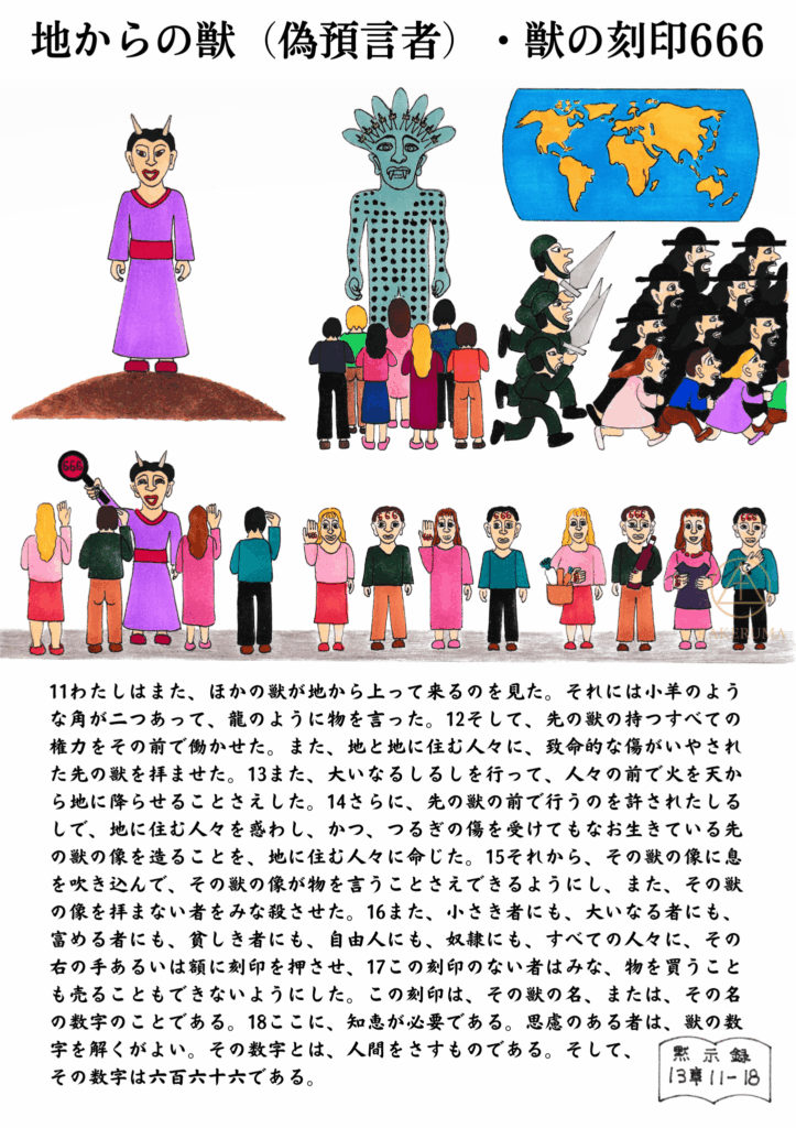 地からの獣（偽預言者）と、人々に刻印を押す場面。獣の像を拝む群衆や、額に666の刻印を受けた人々が描かれている。
