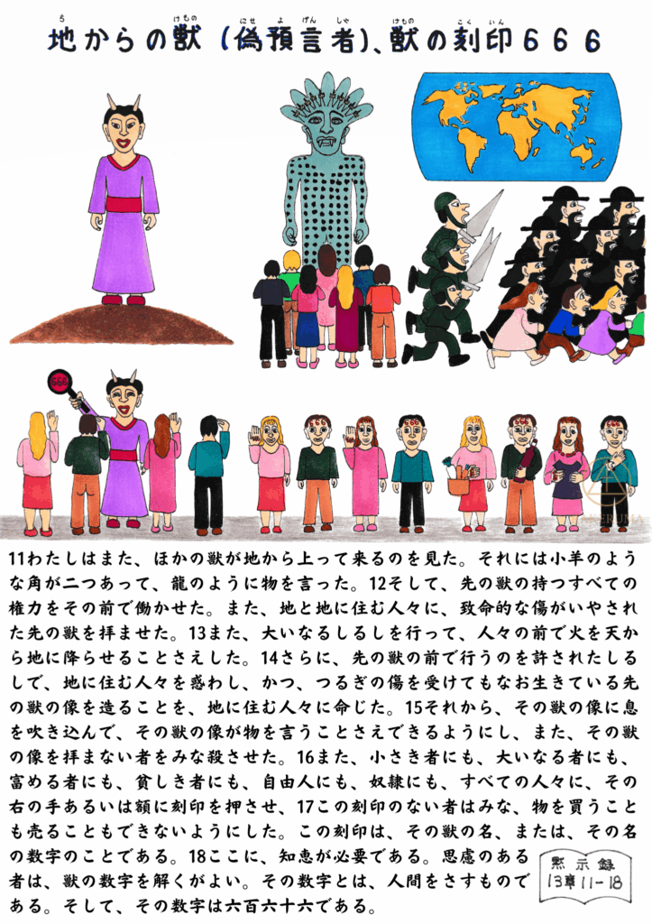 地からの獣（偽預言者）と、人々に刻印を押す場面。獣の像を拝む群衆や、額に666の刻印を受けた人々が描かれている。
