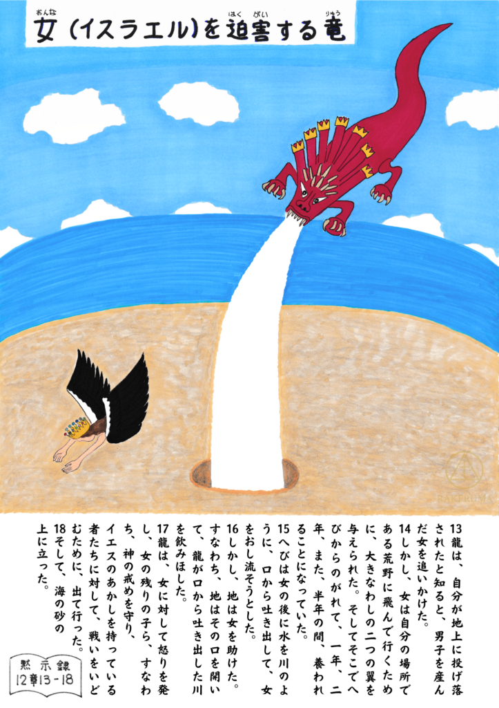 七つの頭と十の角を持つ赤い龍が、水を川のように吐き出して女を追う場面。女は大きな翼で逃れ、地が水を飲みこんで女を助ける。