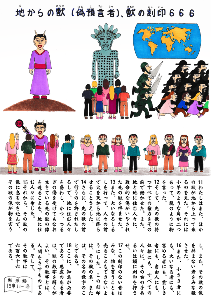地からの獣(偽預言者)と、人々に刻印を押す場面。獣の像を拝む群衆や、額に666の刻印を受けた人々が描かれている。
