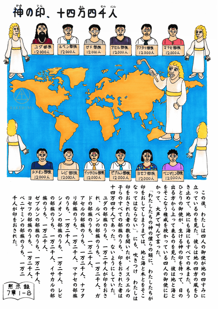 色とりどりの衣を着た天使とイスラエルの十二部族の人々が、世界地図を背景に並び、額に神の印を受けている様子が描かれたイラスト。中央には「神の印、十四万四千人」と書かれており、下部には黙示録7章1～8節の本文が記されている。