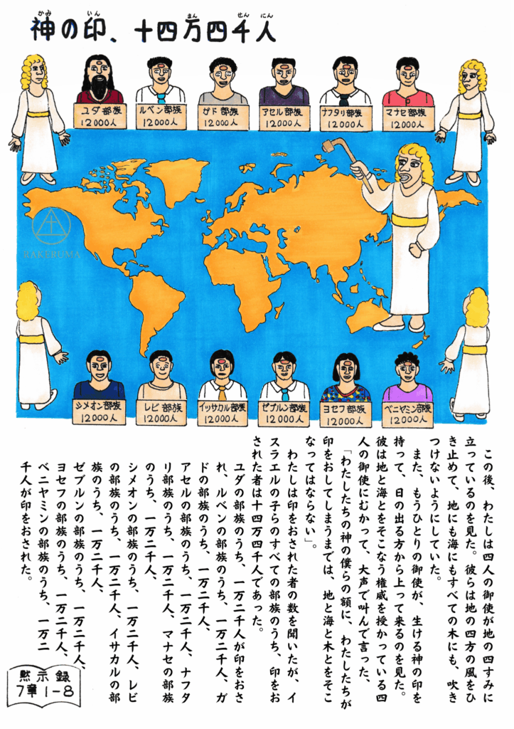 色とりどりの衣を着た天使とイスラエルの十二部族の人々が、世界地図を背景に並び、額に神の印を受けている様子が描かれたイラスト。中央には「神の印、十四万四千人」と書かれており、下部には黙示録7章1～8節の本文が記されている。
