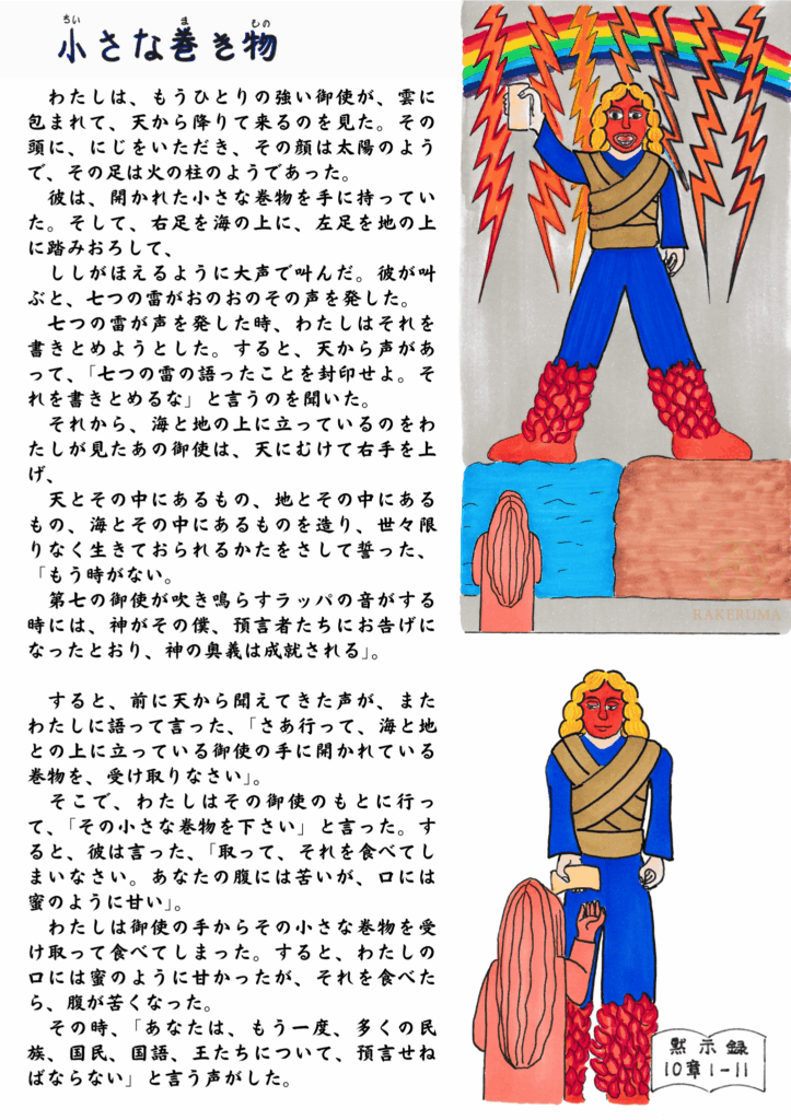 ヨハネの黙示録10章に描かれる「小さな巻物」の場面を描いた原画。虹の冠をかぶり、雲に包まれた強い御使いが、片足を海に、もう一方を地に置いて立ち、右手に開かれた巻物を持っている。下には巻物を受け取るヨハネの姿が描かれている。
