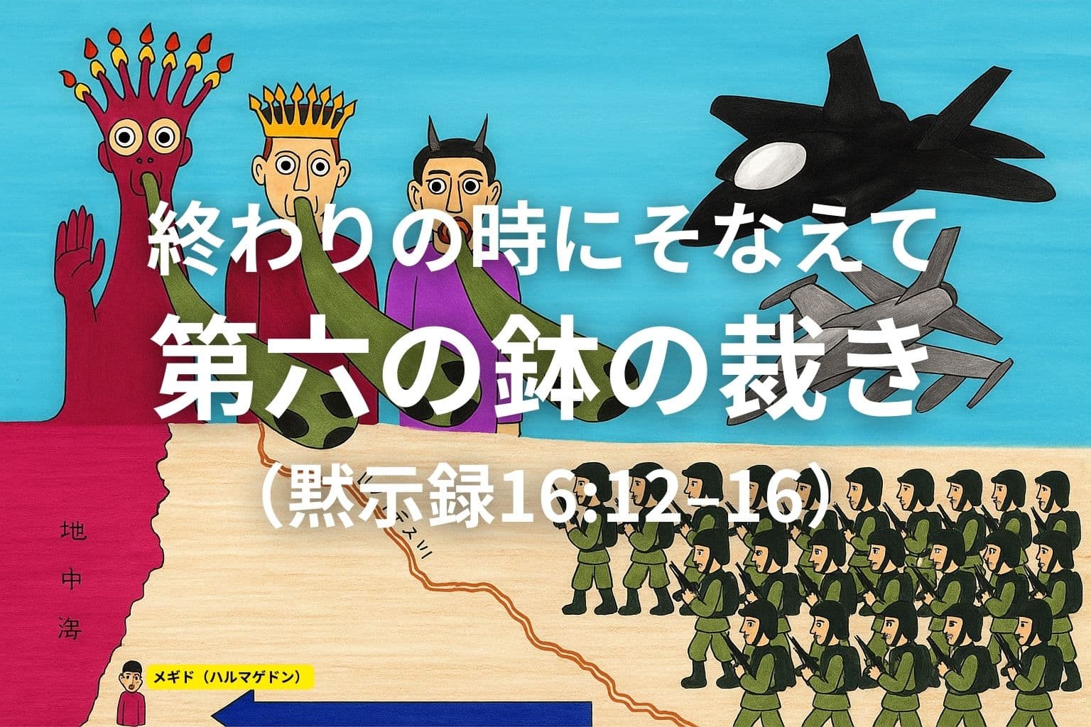ユーフラテス川が干上がり、東から軍勢がハルマゲドン（メギド）に集結する様子を描いたイラスト。左側には龍・獣・偽預言者の三者からカエルのような汚れた霊が口から出ており、右側には武装した兵士たちと戦闘機、中央に「終わりの時にそなえて 第六の鉢の裁き（黙示録16:12–16）」の文字が重ねられている。背景は地図風で「地中海」「ユーフラテス川」「メギド（ハルマゲドン）」の地名も記されている。