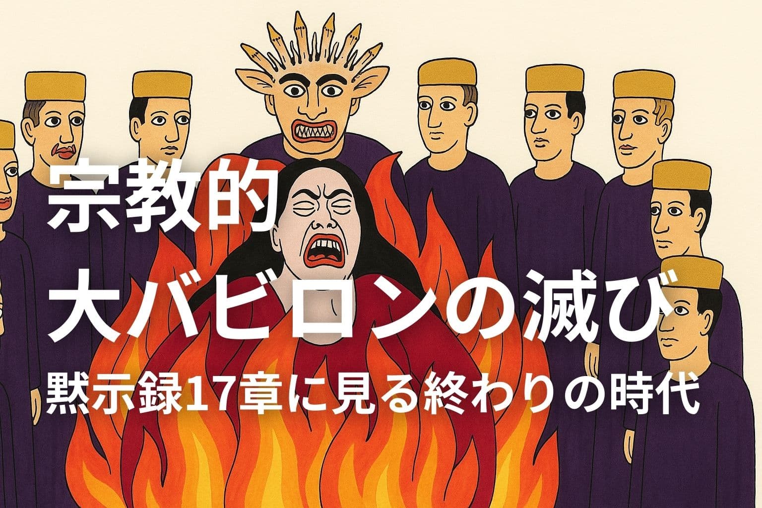 燃え上がる炎の中で叫ぶ大バビロンの象徴的な女性。背後には冠をかぶった十人の王と、七つの角を持つ獣の仮面をかぶった存在が立ち並ぶ。