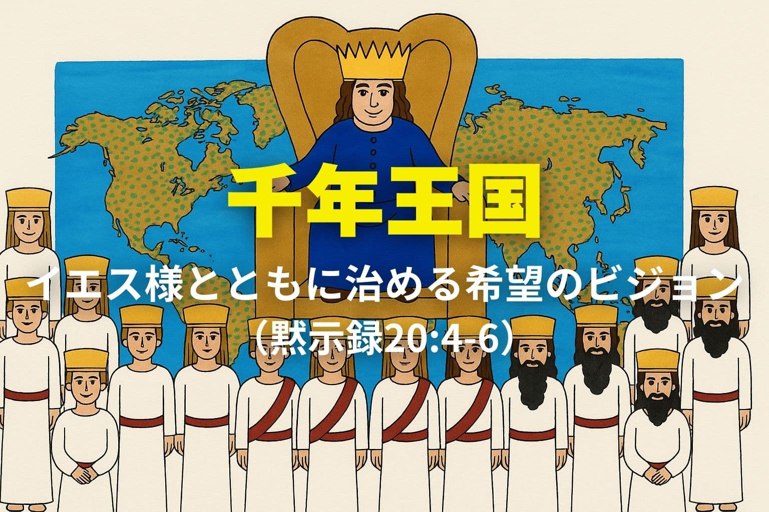 王座に座るイエス・キリストと、金の冠をかぶった聖徒たちが世界地図の前に並ぶ。黙示録20:4–6に描かれた千年王国の情景を象徴的に表現したイラスト。
