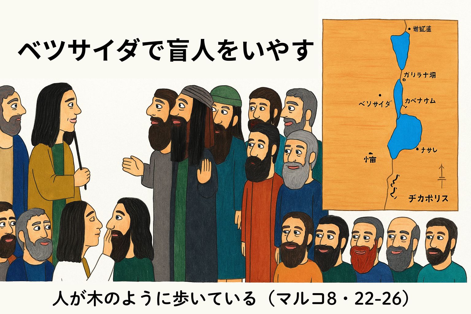 イエスがベツサイダで盲人を癒す場面を描いた横長のイラスト。中央にはイエスが盲人に触れる姿、周囲には多くの人々が見守り、右側にはガリラヤ湖と周辺地名の地図が描かれている。