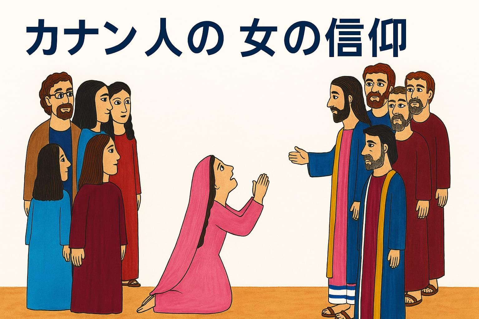 イエスと弟子たちの前にひざまずき、あわれみを求めるカナン人の女性。周囲には弟子たちと見守る人々が立ち、イエスが手を差し伸べている場面。