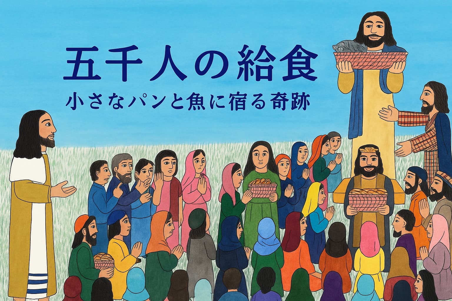 イエスが五千人に食べ物を与える奇跡の場面。中央に「五千人の給食 小さなパンと魚に宿る奇跡」というタイトルが配置され、周囲には群衆と弟子たちが喜びの表情で描かれている。空と草原が背景。