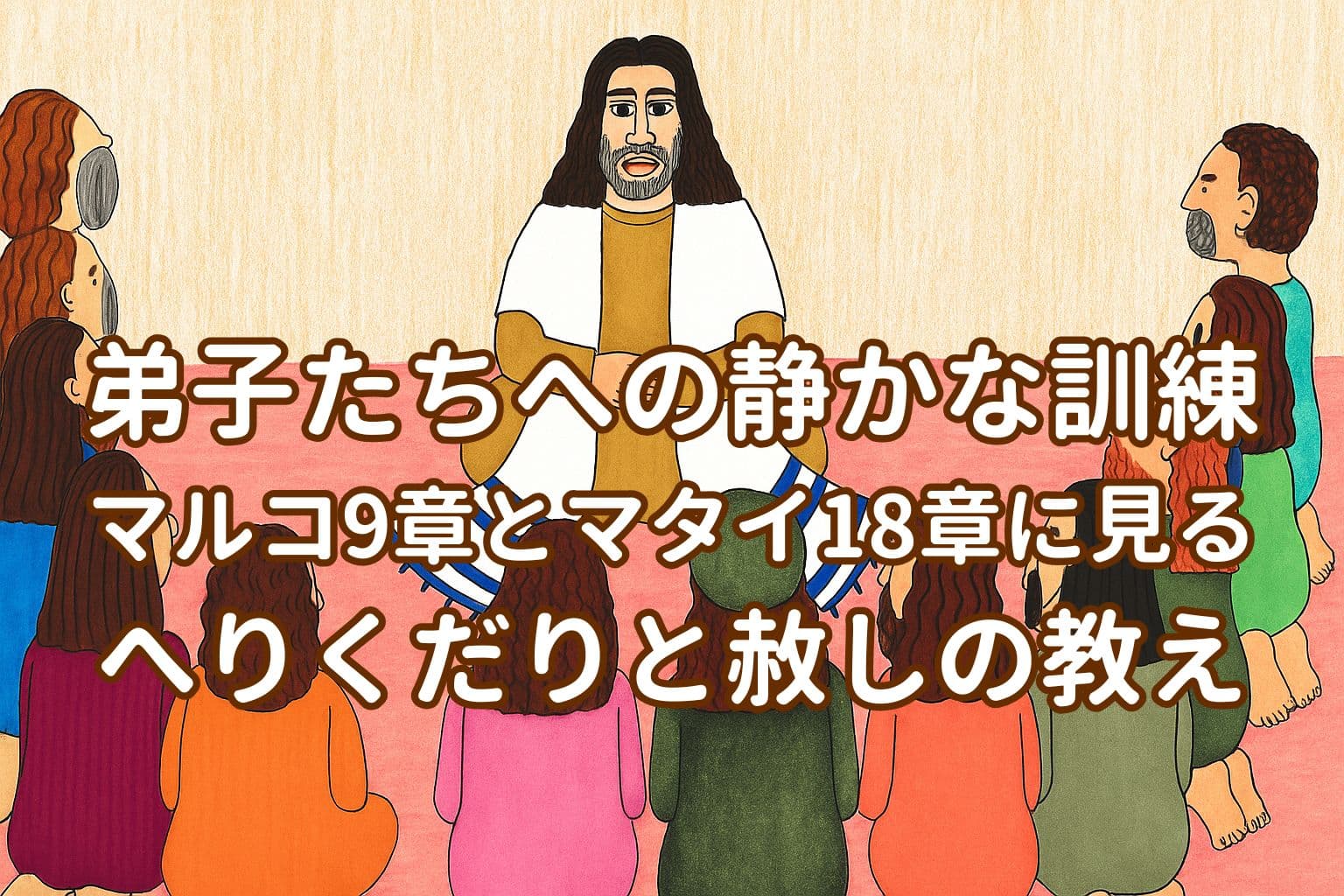 イエスが弟子たちに向かって座り、穏やかに教えている場面を描いたイラスト。中央にはタイトル「弟子たちへの静かな訓練　マルコ9章とマタイ18章に見る　へりくだりと赦しの教え」が重ねて表示されている。