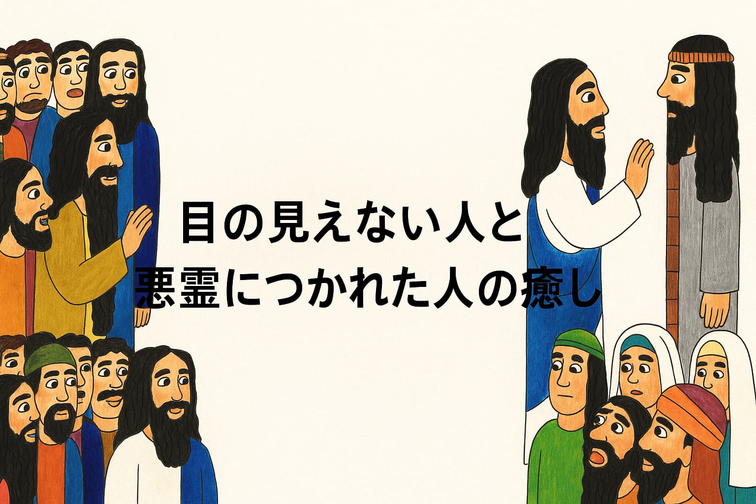 イエス・キリストが目の見えない人と悪霊につかれた口のきけない人を癒す場面を、民衆に囲まれながら描いたイラスト。中央に「目の見えない人と悪霊につかれた人の癒し」のタイトルが表示されている。
