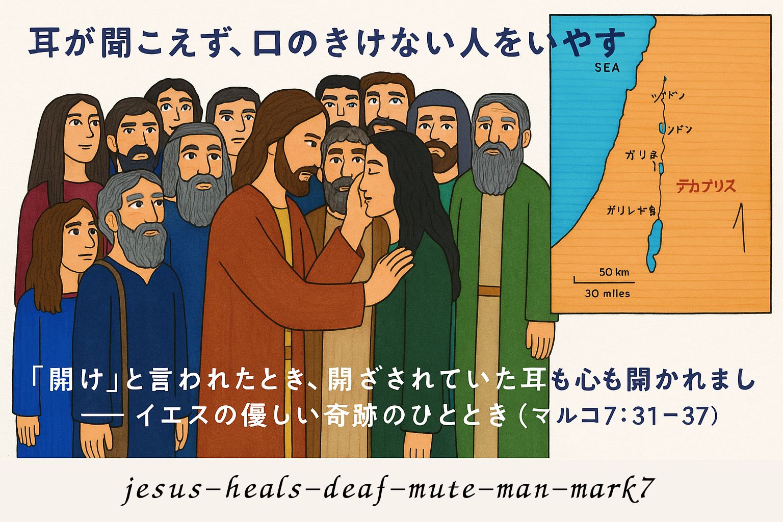 イエスが耳の聞こえず口のきけない男性に触れて癒す場面。周囲には使徒たちが見守り、背景にはガリラヤ地方の地図が描かれている。画像上部には「耳が聞こえず、口のきけない人をいやす」の文字、下部には奇跡のことばと聖書箇所の引用がある。