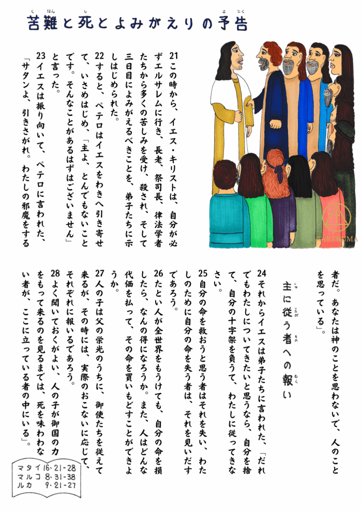 イエスが弟子たちに、苦難と死、そして復活を初めて告げた場面を描いたイラスト。弟子たちが驚きと戸惑いを見せる中、ペテロがイエスの前に出て語る様子が描かれている。右側には聖書の舞台となる地図も含まれている。