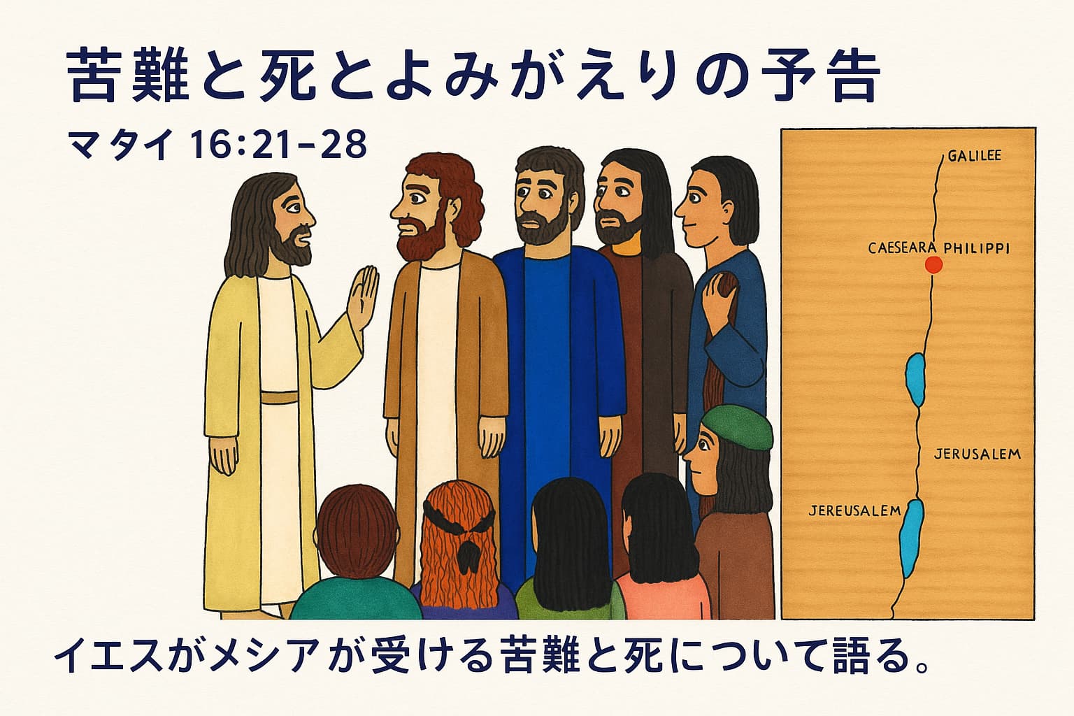 イエスが弟子たちに、ご自身が受ける苦難と死、そして復活について語っている場面を描いた横長イラスト。弟子たちが驚きながら聞き入る様子と、右側にはガリラヤからエルサレムまでの地図が描かれている。