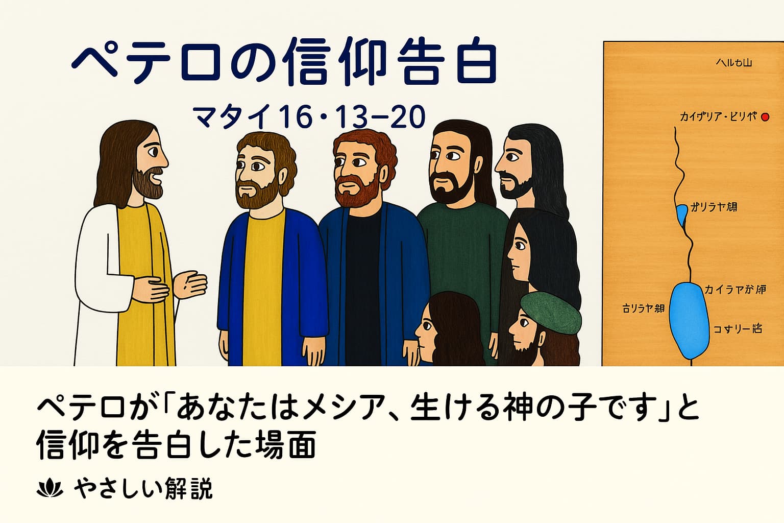 ペテロがイエスに「あなたはメシア、生ける神の子です」と信仰告白する場面を描いた横長イラスト。弟子たちと共に立つイエスの横には、カイザリヤ・ピリポを含む地図も描かれている。