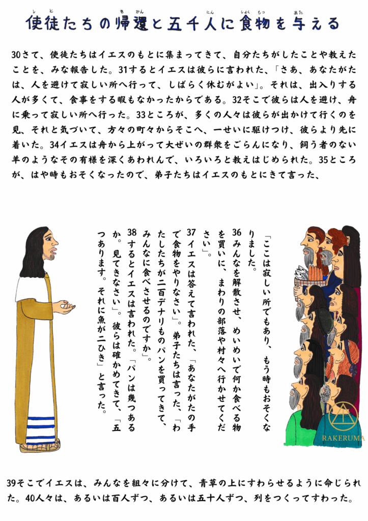 イエスが弟子たちと群衆を前に語られる場面。弟子たちは困惑しながらも相談しており、群衆は耳を傾けて立っている。背景には静かな野原と青空。マルコ6章より。
