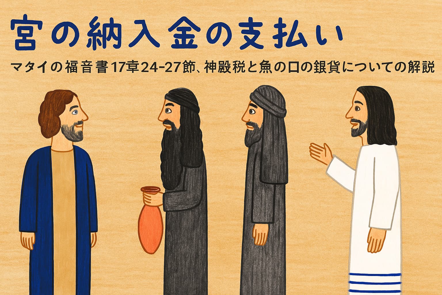イエス、ペテロ、そして神殿税の徴収人たちが会話をしている様子を描いた温かな手描き風のイラスト。背景は柔らかな茶色で、落ち着いた雰囲気に包まれている。