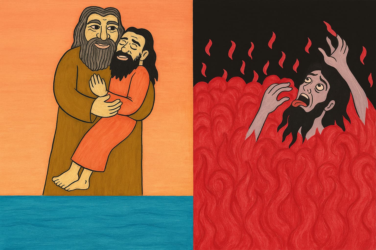 左側には、アブラハムに優しく抱かれて安らぐラザロの姿。右側には、赤い炎の中で苦しみ叫ぶ金持ちの姿。死後の慰めと苦しみの対比が静かに描かれている。