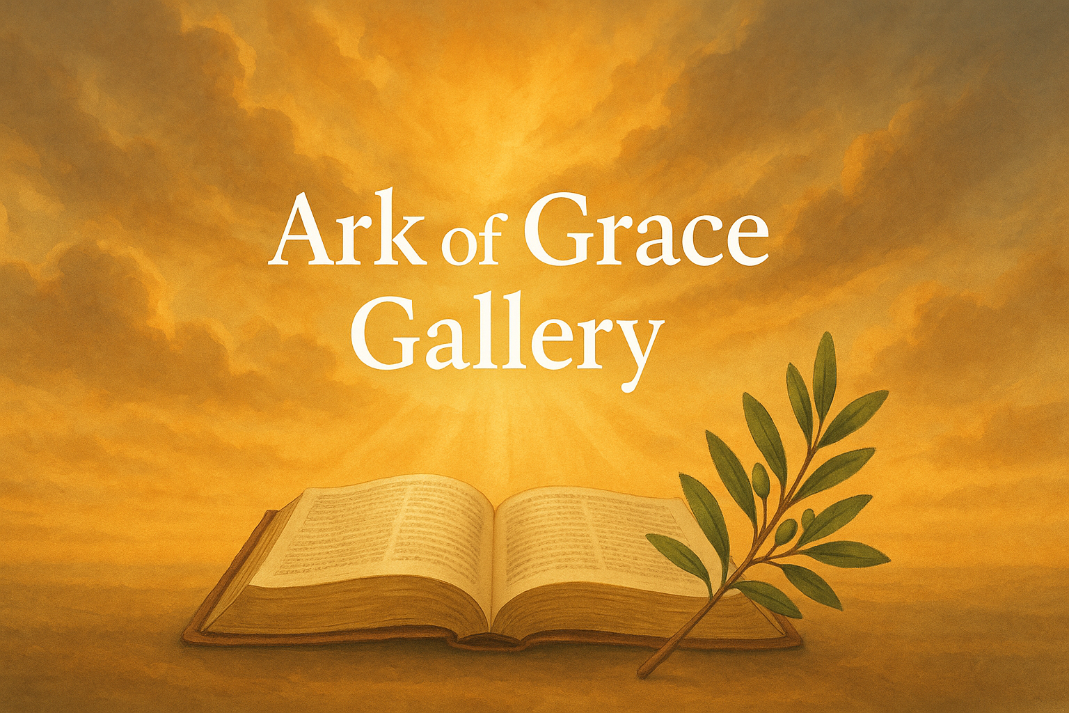 金色の光が雲の間から差し込み、開かれた聖書とオリーブの枝を照らしている。 希望と平安を象徴する温かな光が、Ark of Grace Galleryのテーマ「祈りと御言葉で描く証の箱舟」を表現している。