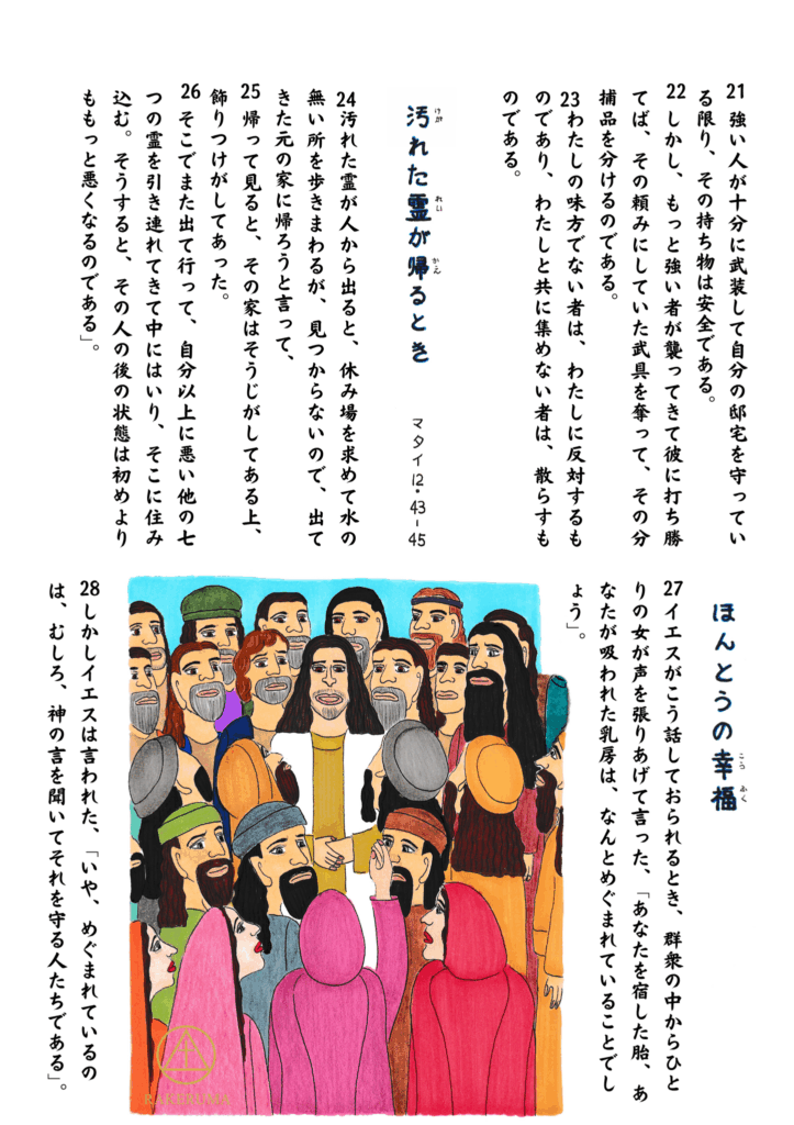 イエスの周りに集まる群衆の中で、ひとりの女性が声を上げてイエスを祝福する場面。イエスは、神の言葉を聞いて守る人こそ幸いだと語る。