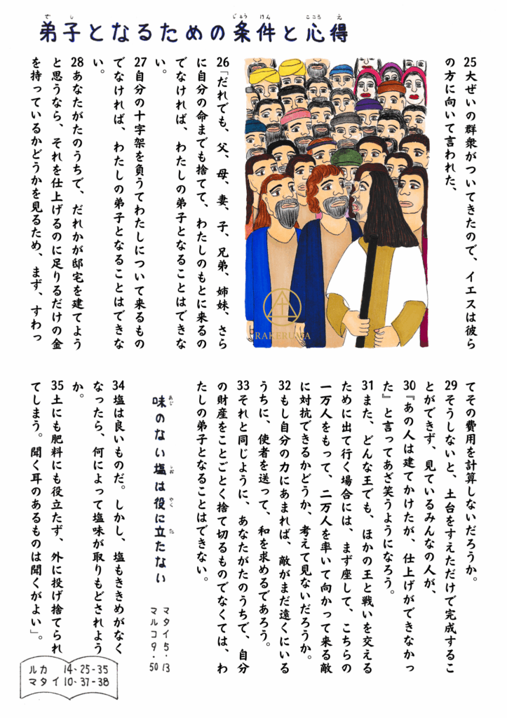 ã€ãšã¹ãå€ãã®çŸ€è¡ã«åãã£ãŠèªããããŠããå Žé¢ã矀è¡ã®äžã«ã¯æ§ã
ãªè¡šæ
ã®äººã
ãæãããã€ãšã¹ã®ãã°ã«ã¯æ°åã®åŒåãç«ã£ãŠãããèæ¯ã«ã¯ãåŒåãšãªãããã®æ¡ä»¶ãšå¿åŸãïŒã«ã«14:25â35ïŒã®èæžæ¬æã瞊æžãã§é
眮ãããŠããã