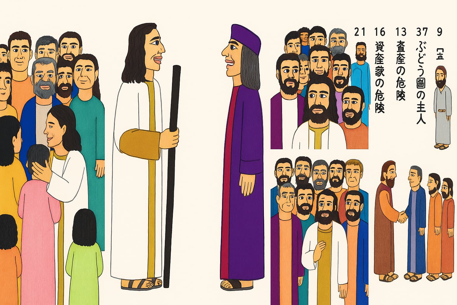 イエスが子どもたちを祝福し、群衆と語り、富める青年と対話し、弟子たちに教え、ぶどう園のたとえを語る5つの場面が横長に描かれている。