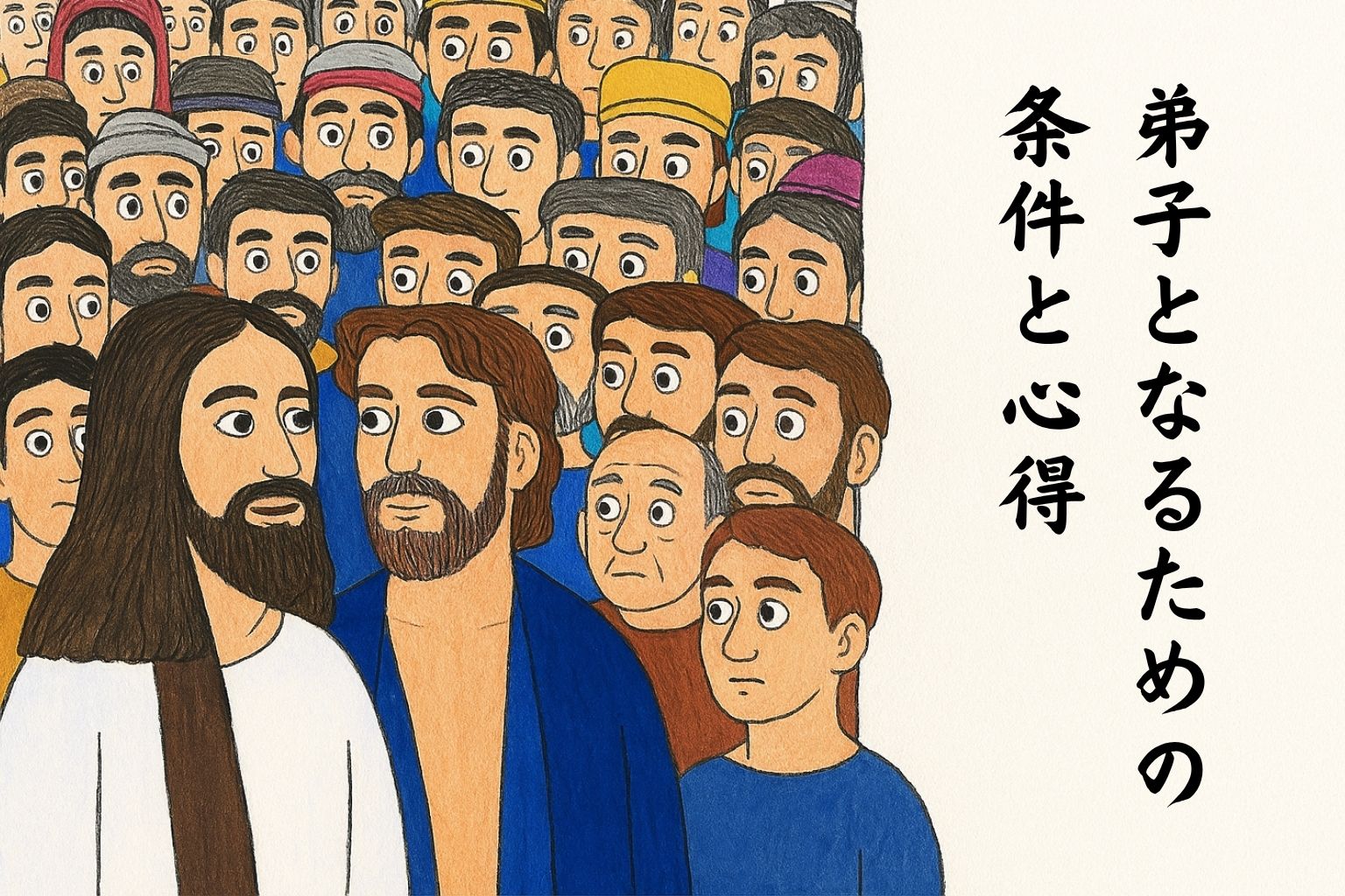 ãšã¹ã矀è¡ãšåãåã£ãŠç«ã€å Žé¢ãã€ãšã¹ã®åšå²ã«ã¯çå£ãªãŸãªãããåããåŒåãã¡ãšãèæ¯ãã£ã±ãã«å€æ§ãªè¡šæ
ããã人ã
ãæãããŠãããå³åŽã«ãåŒåãšãªãããã®æ¡ä»¶ãšå¿åŸããšãã瞊æžãã®æåãé
眮ãããŠããã