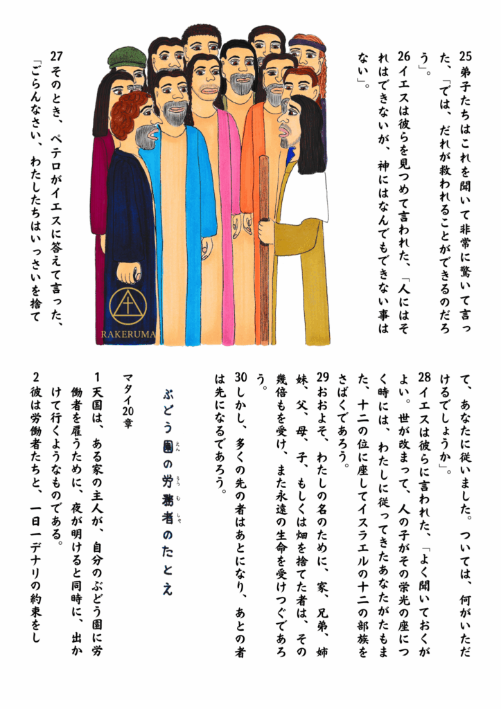 イエスを囲んで問いかける弟子たちの姿。ペテロをはじめとする弟子たちが真剣な表情でイエスの言葉に耳を傾けている。