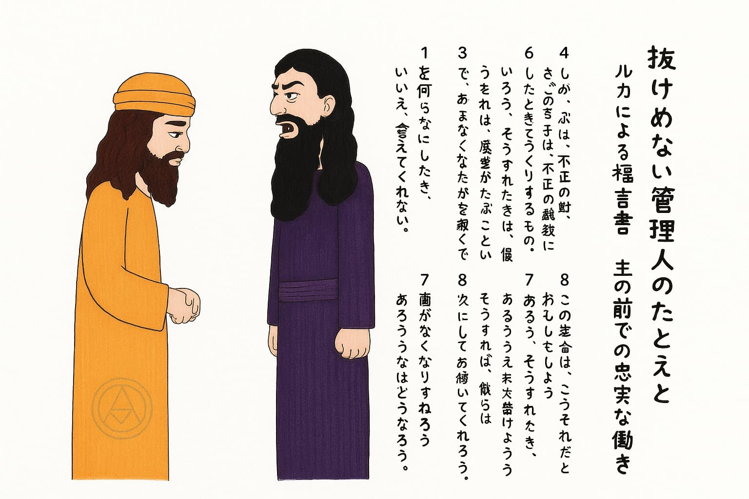 橙色の衣を着た管理人と、深い紫の衣をまとった主人が向かい合って話している場面。右側には、ルカによる福音書16章の手書き風日本語本文が縦書きで配置されている。