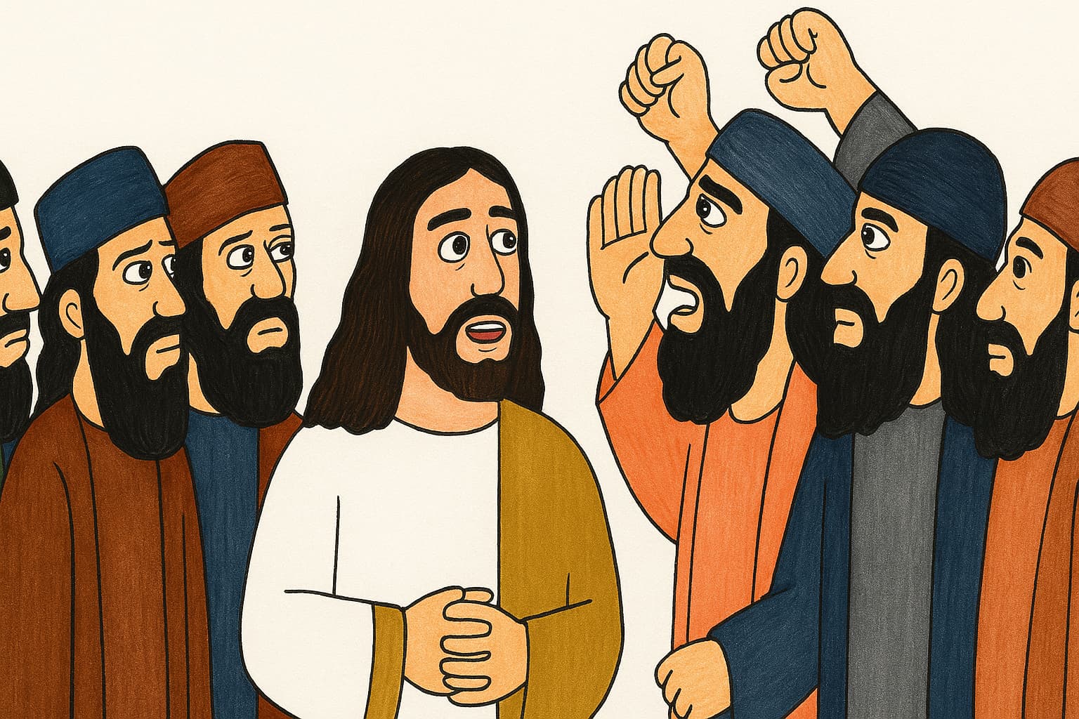ソロモンの廊にて、イエスがユダヤ人たちに囲まれ、静かに語られている場面。人々は怒りと問いかけの表情でイエスを取り囲み、手に石を持つ者もいる。