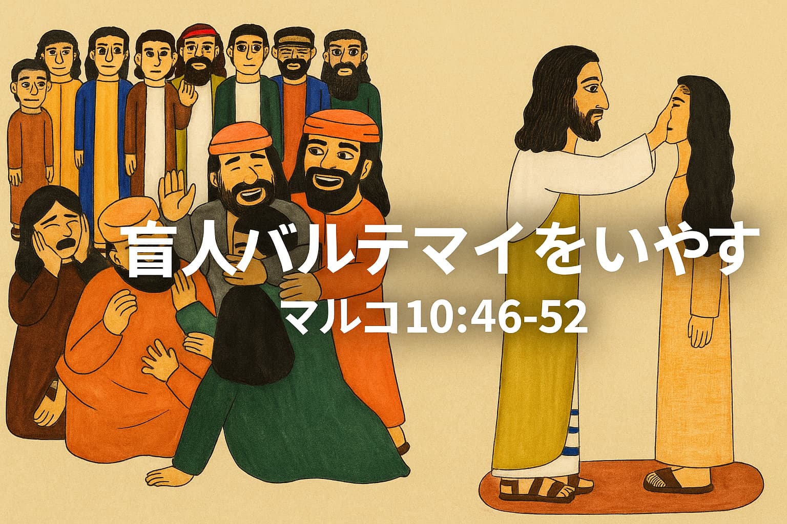 「盲人バルテマイをいやす」場面を描いたイラスト。左側にはバルテマイが叫ぶ様子と群衆の反応、右側にはイエスが彼に手を置いて癒す瞬間が描かれている。中央に白文字で「盲人バルテマイをいやす マルコ10:46-52」と記されている、温かな手描き風のビジュアル。