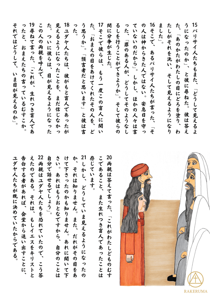 パリサイ人たちに呼び出された盲人の両親が、宗教指導者の前で緊張しながら証言している場面。両親の不安と周囲の視線が交差し、信仰をめぐる社会的な葛藤が描かれている。
