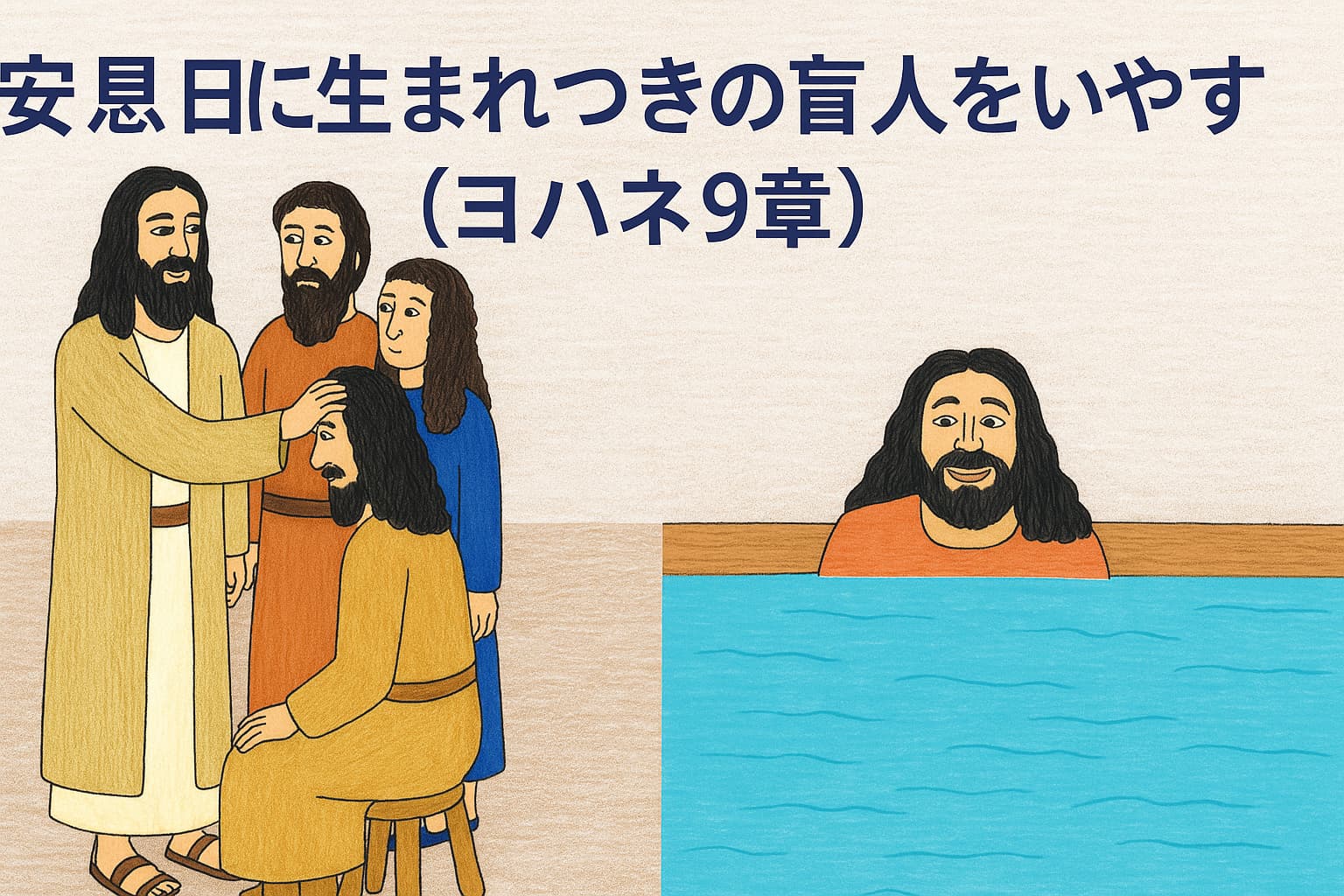 イエスが弟子たちとともに盲人に出会い、安息日にその目を癒し、シロアムの池で見えるようになるまでの奇跡の場面を描いた横長の手描きイラスト。中央に『安息日に生まれつきの盲人をいやす（ヨハネ9章）』の文字が配置されている。