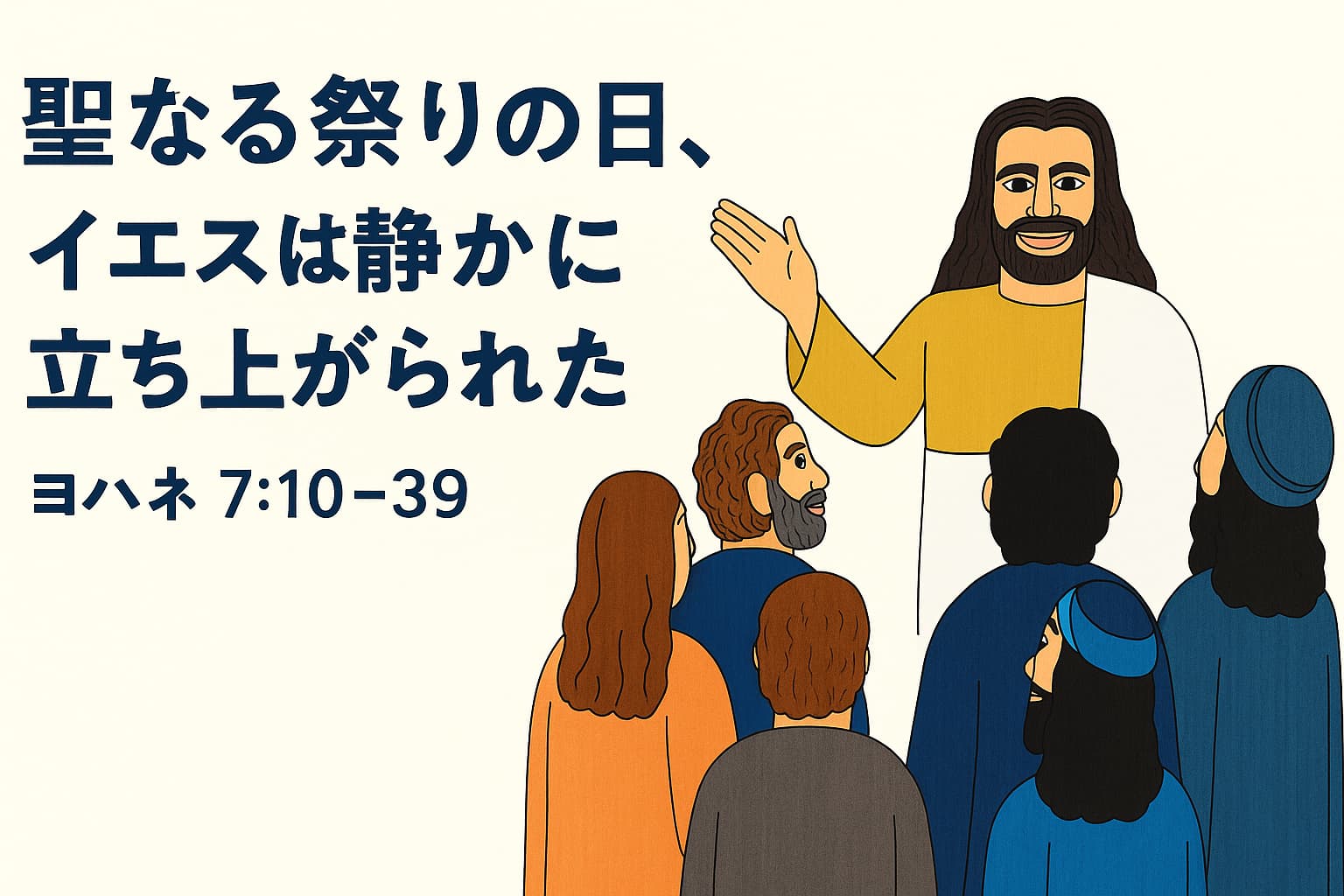 イエスが祭りの終わりの日に群衆の前で語られる場面。穏やかな笑顔で右手を上げて話すイエスと、それを見上げる男女の群衆が描かれている。左側には「聖なる祭りの日、イエスは静かに立ち上がられた　ヨハネ7:10–39」の文字。