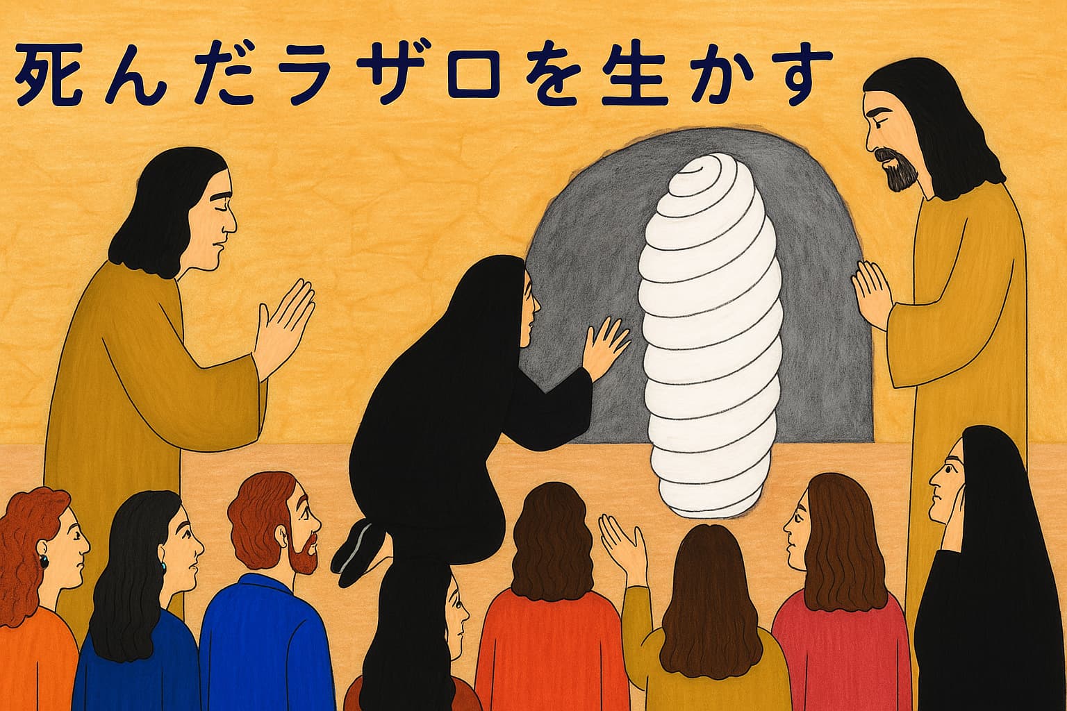 ラザロの墓の前で、手足を布で巻かれたラザロが出てくる場面。イエスが両手を広げ、周囲の人々が祈るように見守っている。