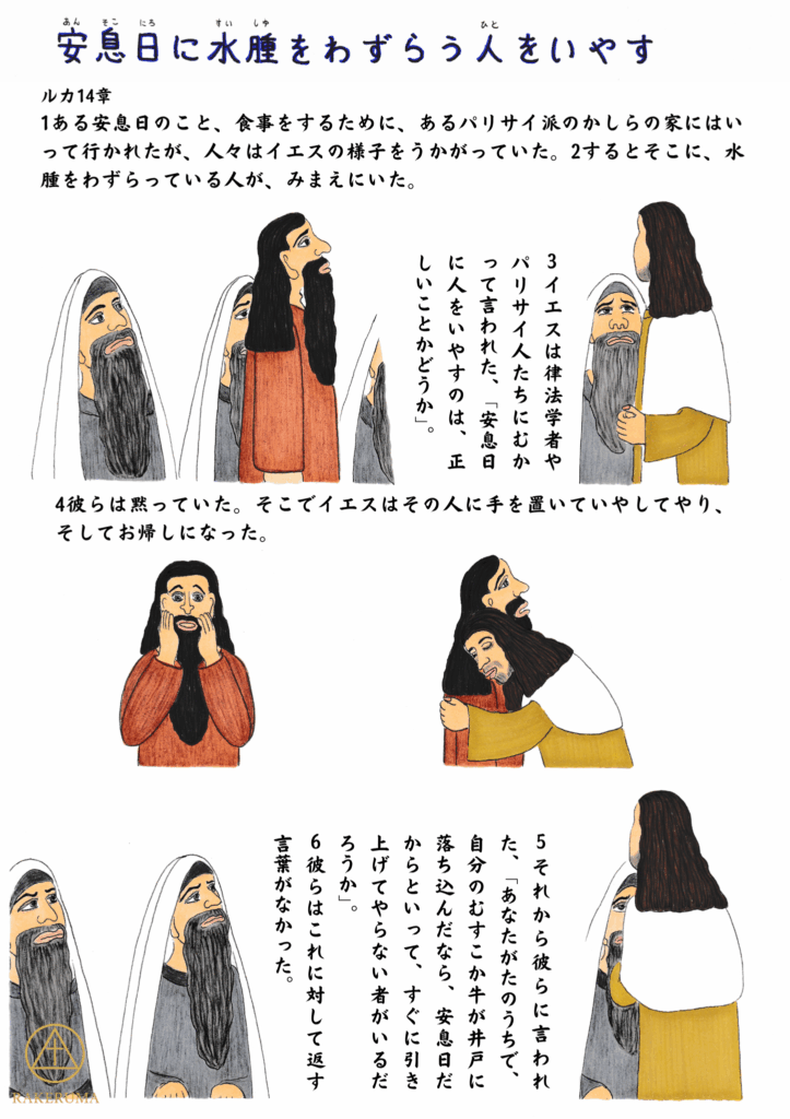 イエスがパリサイ人たちの前で、水腫を患う人をいやす場面。問いかけに人々は黙し、イエスがやさしく手を置いて癒している。