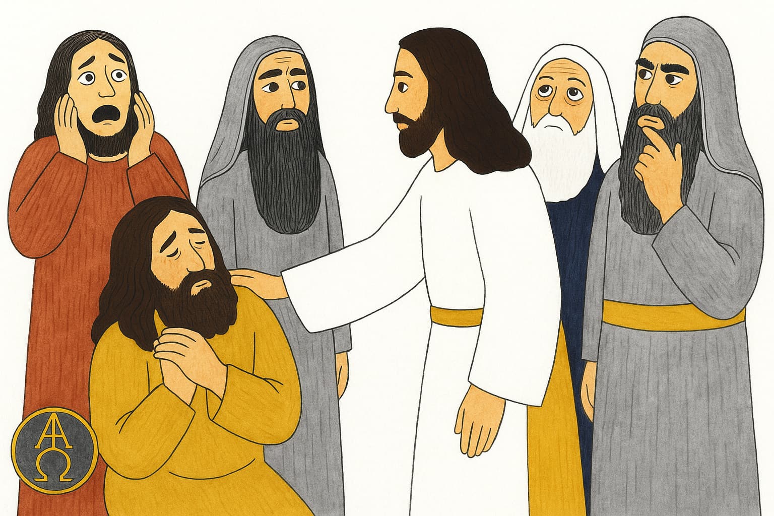 イエスが安息日に病を患う男性に手を置いていやす様子と、それを見守るパリサイ人たちの姿を描いた場面。登場人物は静かで表情豊かに描かれ、やわらかな色合いで表現されている。