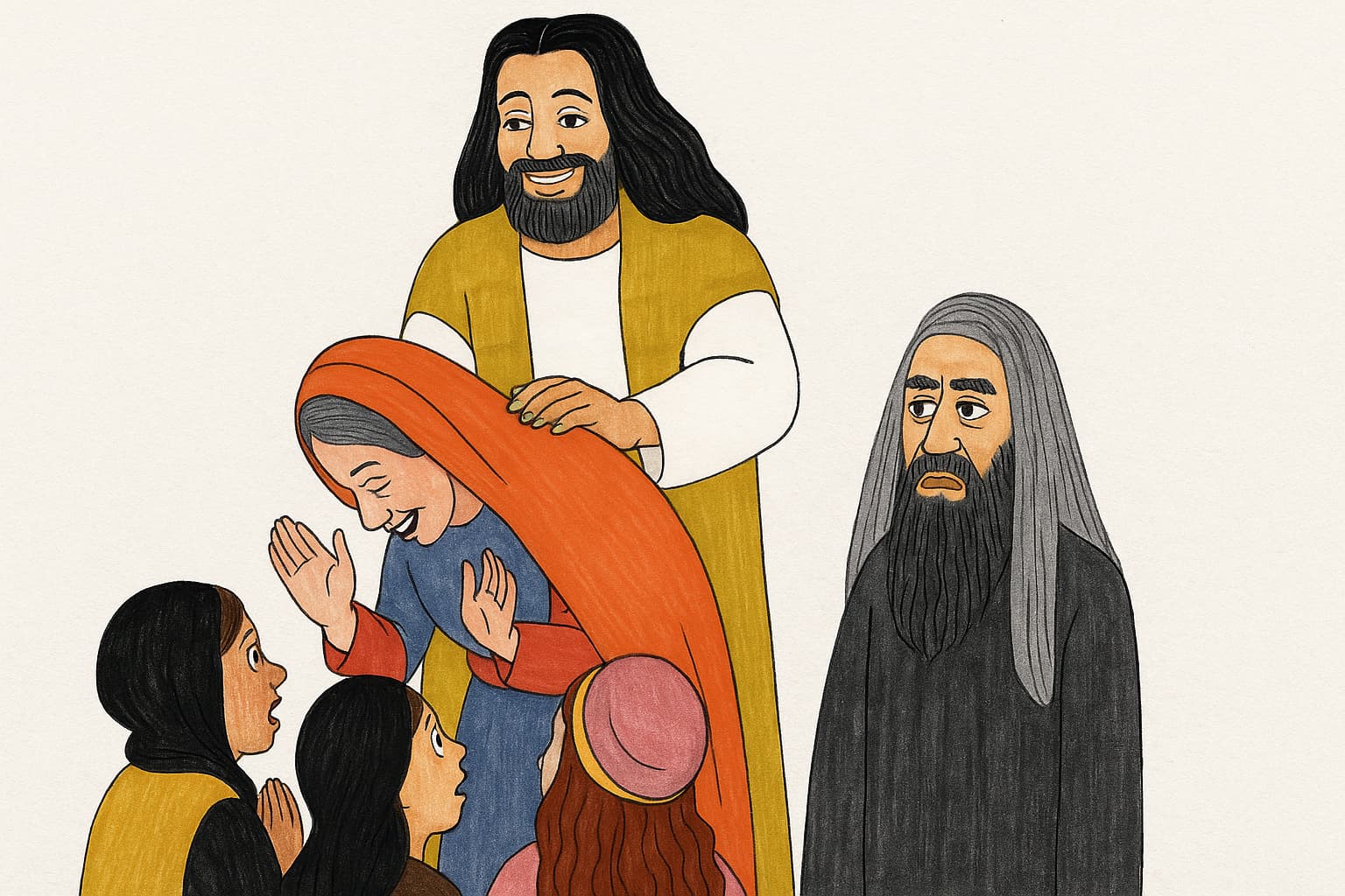 安息日にイエスが、18年間病に苦しむ女性にそっと手を置いて癒す場面。女性はまっすぐに立ち、神を賛美する。周囲には驚きや疑念の入り混じる人々の表情が描かれている。