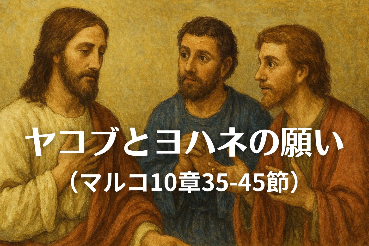 イエス・キリストがヤコブとヨハネに向き合って話す様子を描いた温かなタッチのイラスト。イエスは静かな表情で語りかけ、弟子たちは真剣な眼差しで聞いている。背景は柔らかな金色のグラデーションで、画面下に「ヤコブとヨハネの願い(マルコ10章35-45節)」と大きく白文字で記されている。
