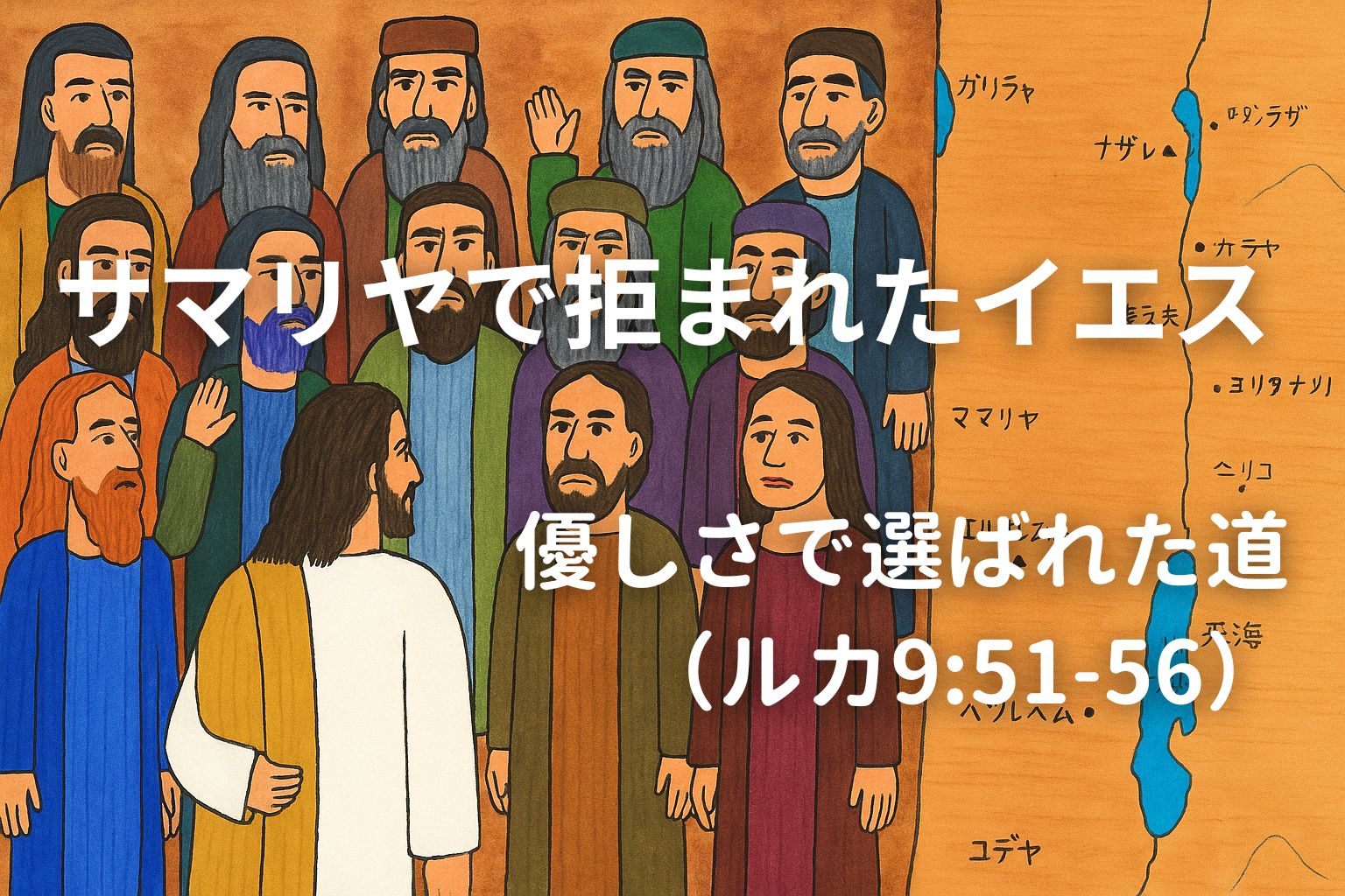 イエスと弟子たちがサマリヤの村で歓迎されなかった場面を描いたイラスト。弟子たちが驚きや憤りを表す中、イエスが穏やかに向き合っている。背景には地図が描かれ、旅の舞台であるイスラエルの地理が示されている。