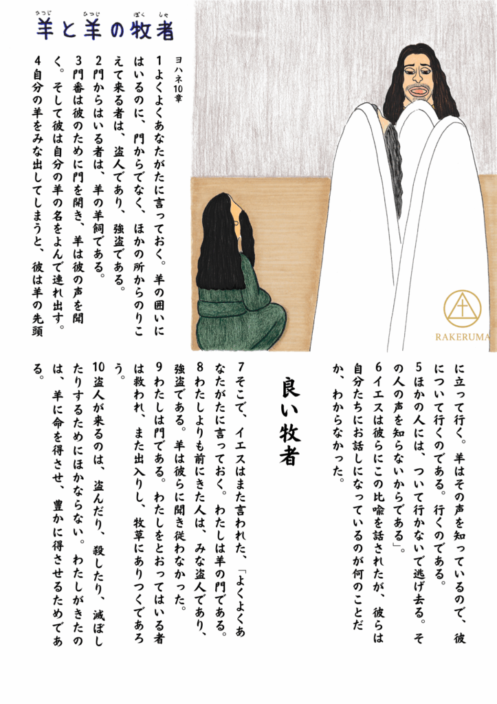 イエスが白い衣をまとったパリサイ人に羊と羊の牧者を語りかけている。それを聞いている癒された盲人が座っている。「羊の門」としてのイエスの姿を象徴している。
