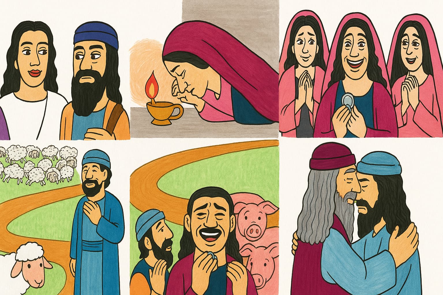 イエスが語られた3つのたとえ話――迷った羊、なくした銀貨、放蕩息子――を、それぞれの喜びの瞬間に焦点を当てて描いた一枚絵。聞き入る弟子たち、見つかった銀貨を見せて喜ぶ女性、羊を見つけた羊飼い、悔い改めた息子を迎える父の姿が、温かい色使いで描かれている。